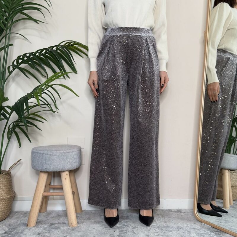 TENSIONE IN - Pantalone a palazzo in paillettes grigio