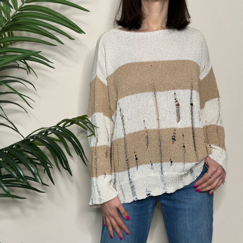HAVEONE - Maglione righe cammello paillettes multicolor