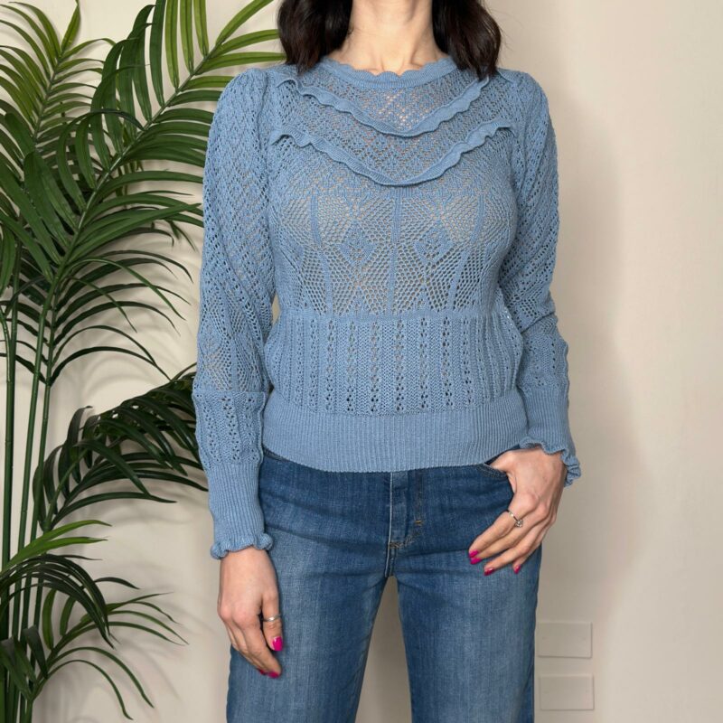 HAVEONE - Maglia girocollo punto pizzo celeste