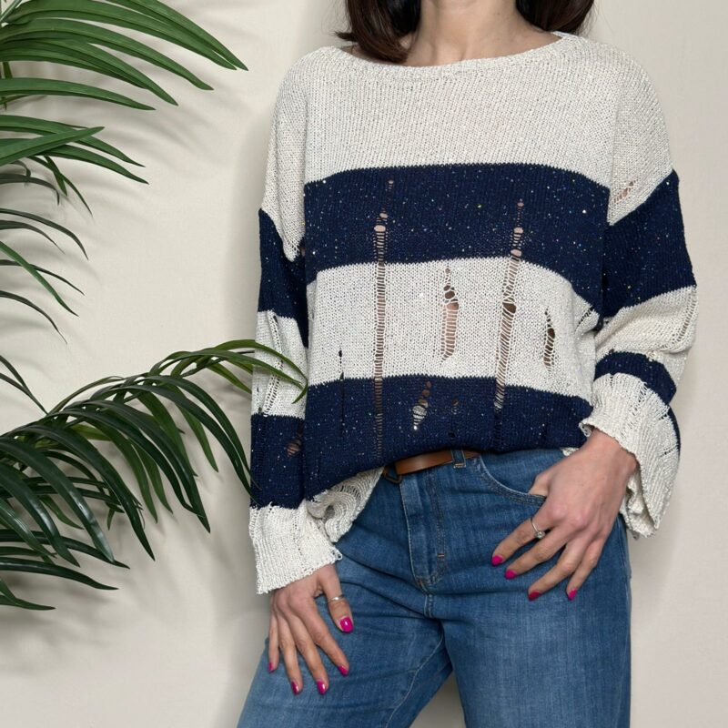 HAVEONE - Maglione righe blu paillettes multicolor