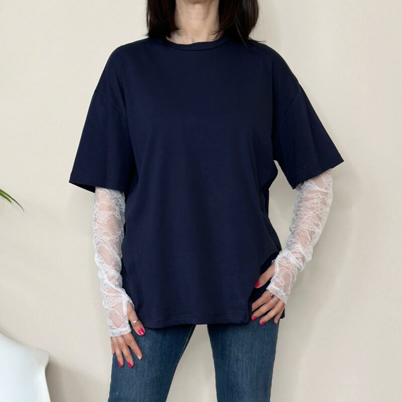 VICOLO - T-shirt manica pizzo blu
