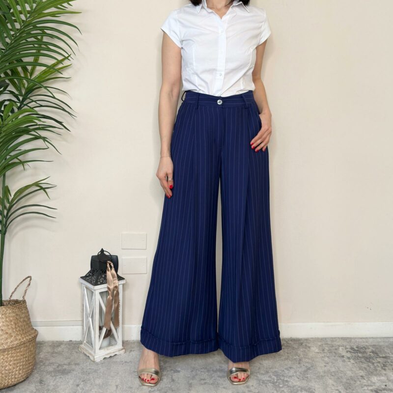 HAVEONE - Pantalone palazzo gessato blu