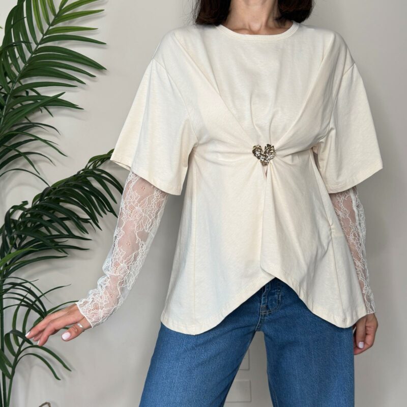 HAVEONE - T-shirt con manicotti panna