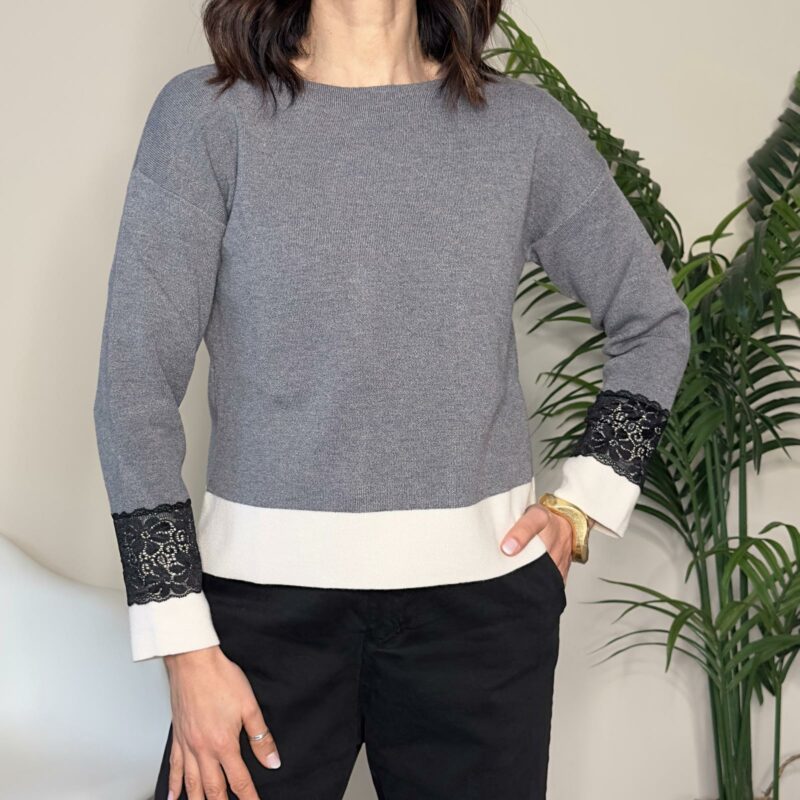 BLUE JOINT - Maglione grigio inserto pizzo