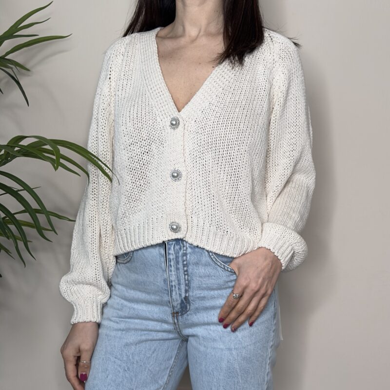 HAVEONE - Cardigan bottone gioiello panna