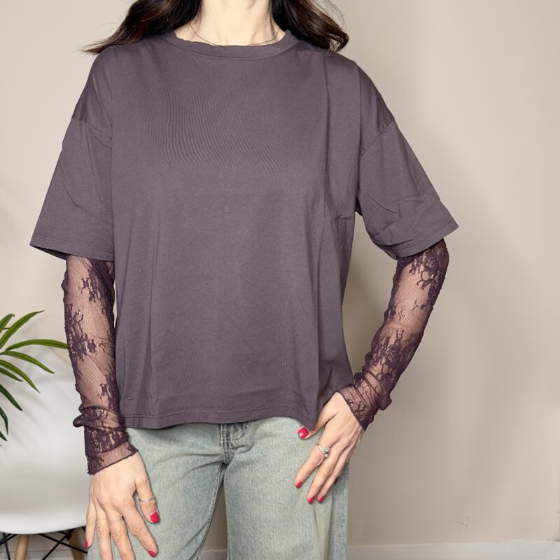 SUSY MIX - T-shirt manica pizzo moro