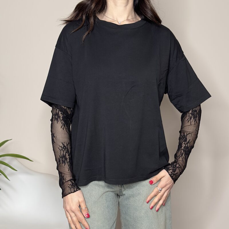 SUSY MIX - T-shirt manica pizzo nera