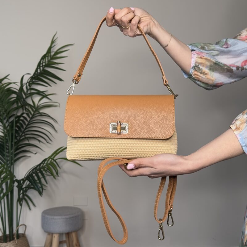 Pochette rafia e pelle cuoio
