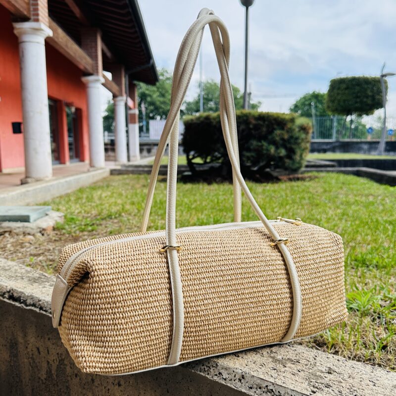 Borsa baguette rafia e pelle sabbia